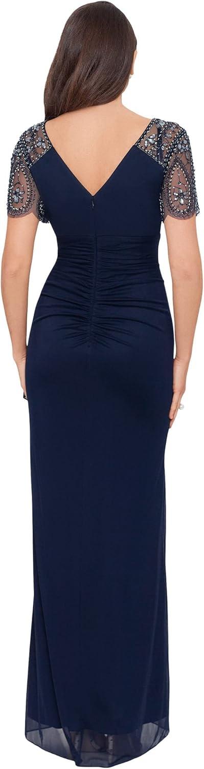 imageXscape Female Long Sheer Matte Jersey Beaded Flutter SleeveNavy