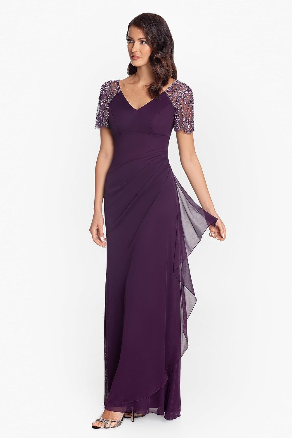 imageXscape Female Long Sheer Matte Jersey Beaded Flutter SleevePlum
