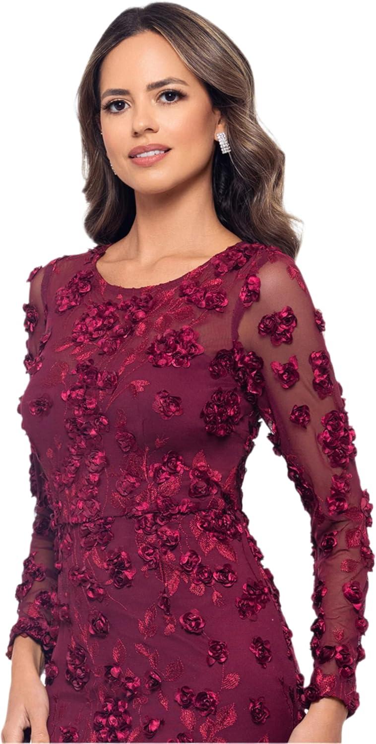 imageXscape Womens Embroidered Mesh Illusion Long Sleeve Floral Floor Length DressGarnet