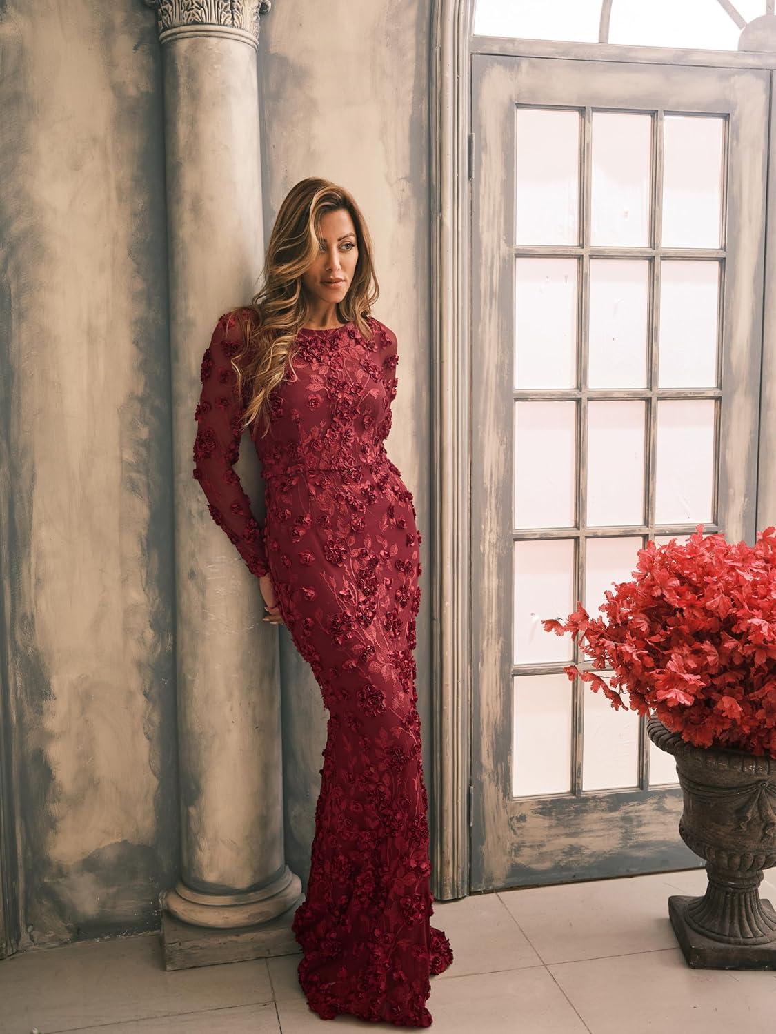 imageXscape Womens Embroidered Mesh Illusion Long Sleeve Floral Floor Length DressGarnet