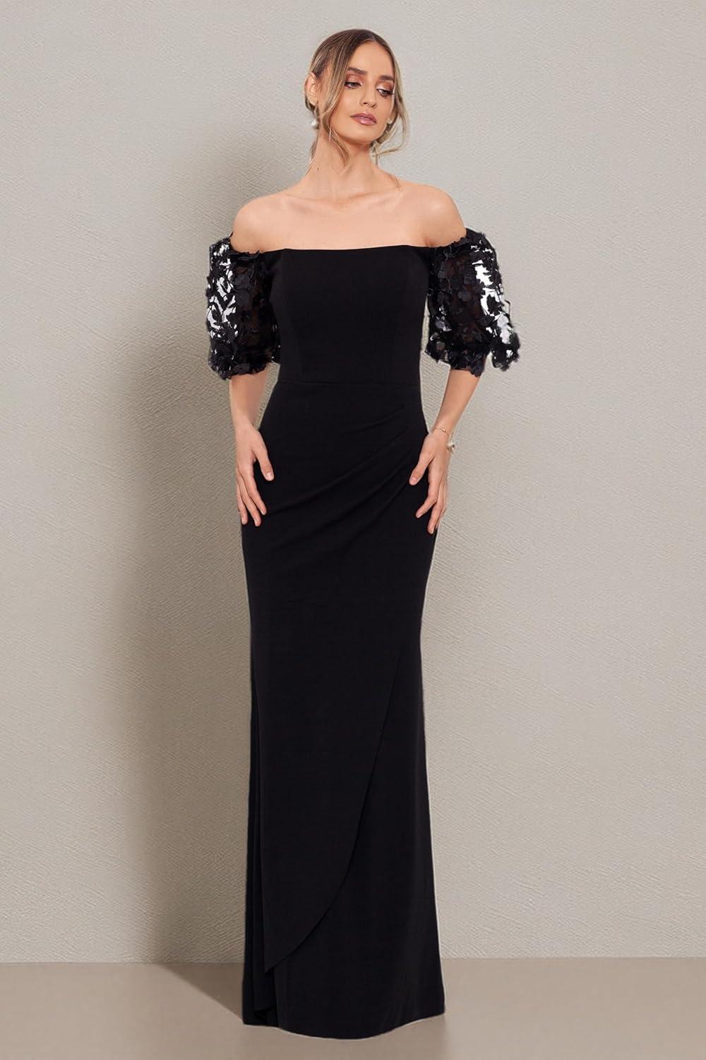 imageXscape Womens Illusion Sleeve Off The Shoulder Long Dress Reg and PetiteBlack