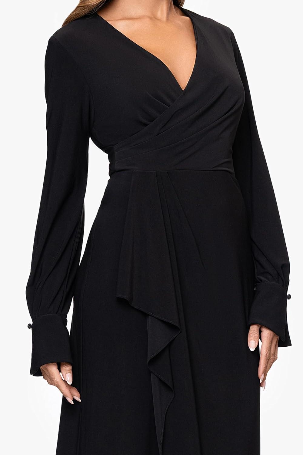 imageXscape Womens Jersey Knit VNeck Draped Long Sleeve Floor Length DressBlack