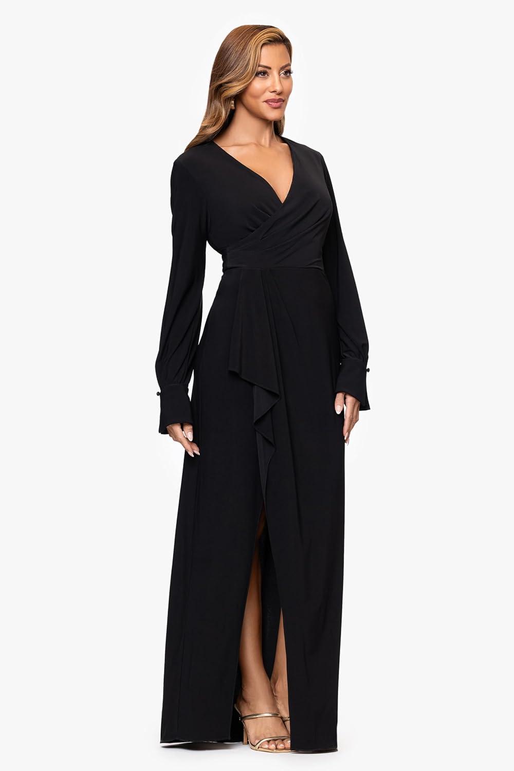 imageXscape Womens Jersey Knit VNeck Draped Long Sleeve Floor Length DressBlack