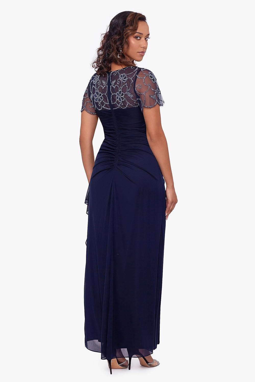 imageXscape Womens Long Beaded Sequin Illusion Neckline Jersey Dress Reg and Petite Special Occasion DressNavy