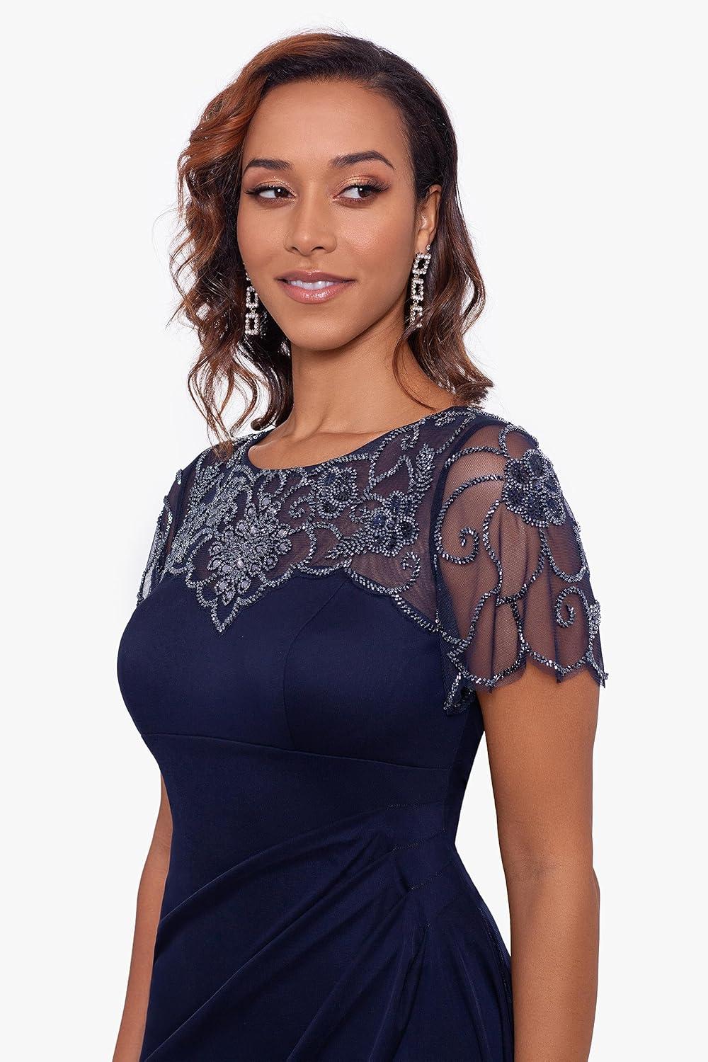 imageXscape Womens Long Beaded Sequin Illusion Neckline Jersey Dress Reg and Petite Special Occasion DressNavy