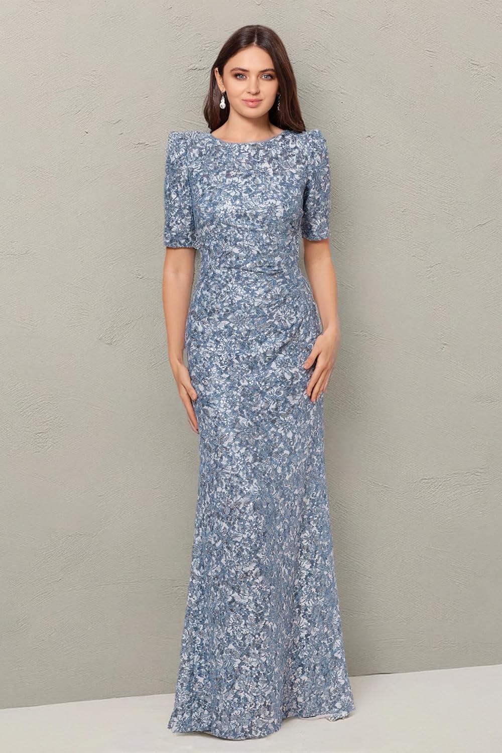 imageXscape Womens Long Lace Sequin Side Ruched Dress Reg and PetiteBlueSilver