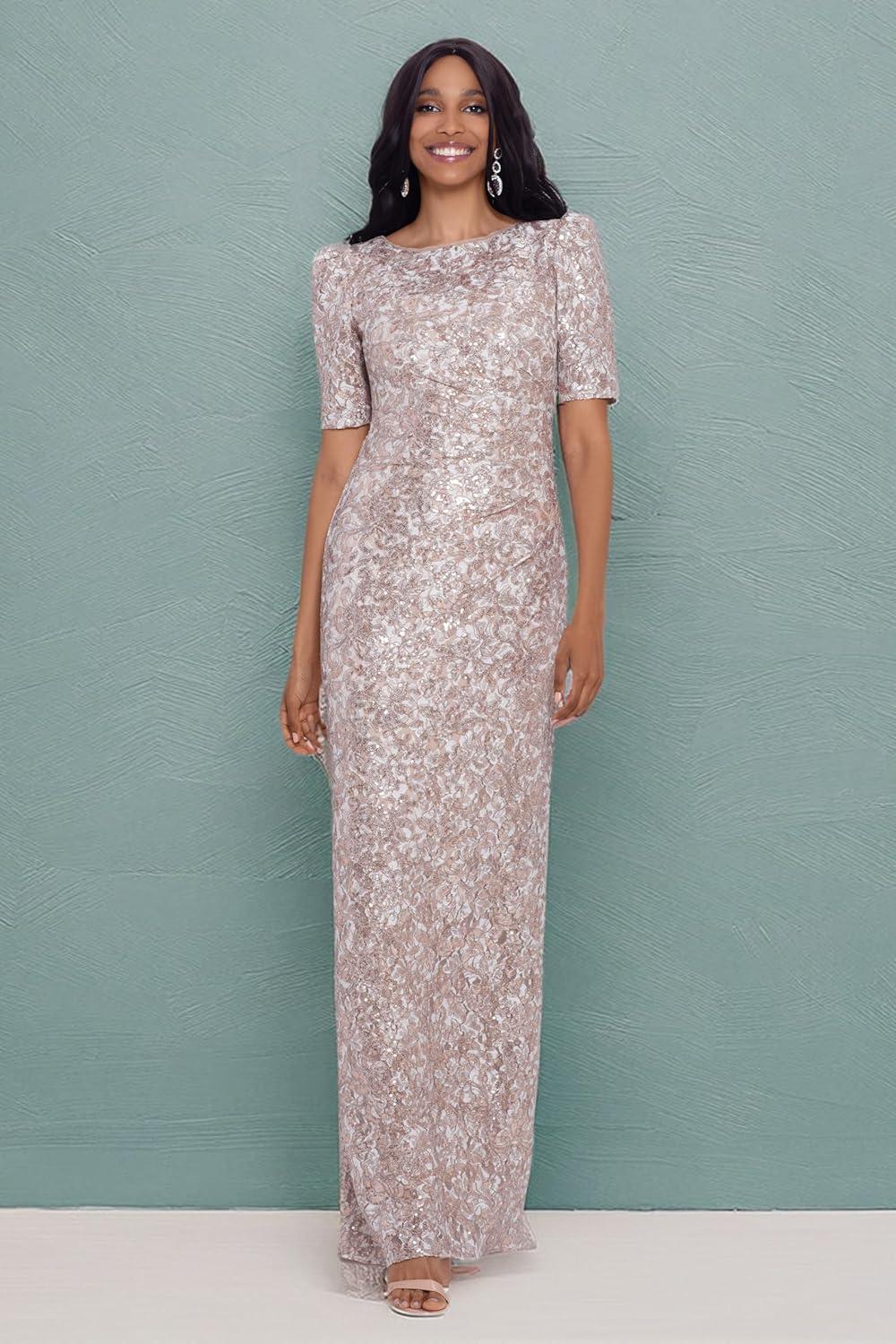 imageXscape Womens Long Lace Sequin Side Ruched Dress Reg and PetiteSand