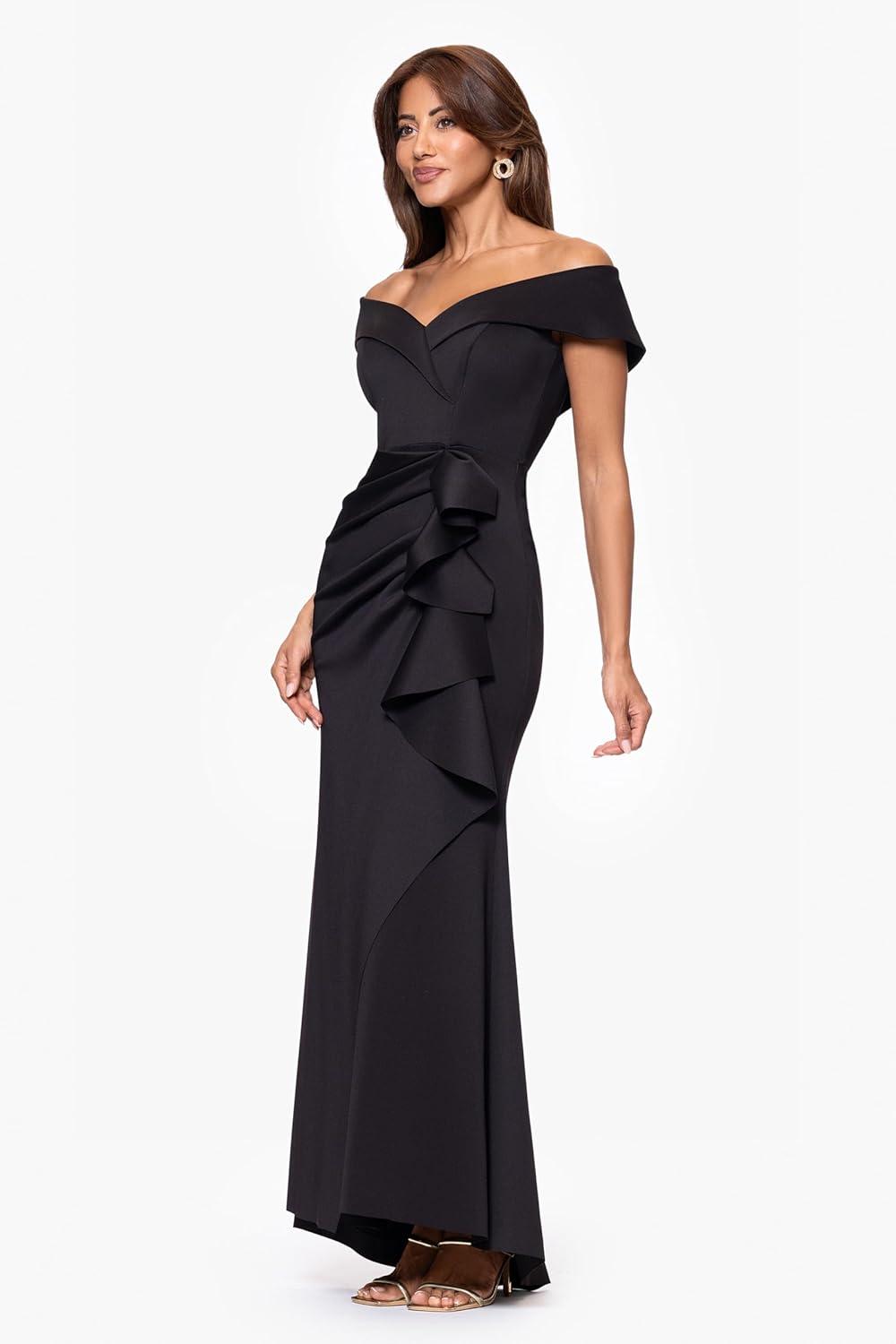 imageXscape Womens Long Off Shoulder Sweetheart Neck Side Ruffle Gown Reg and PetiteBlack