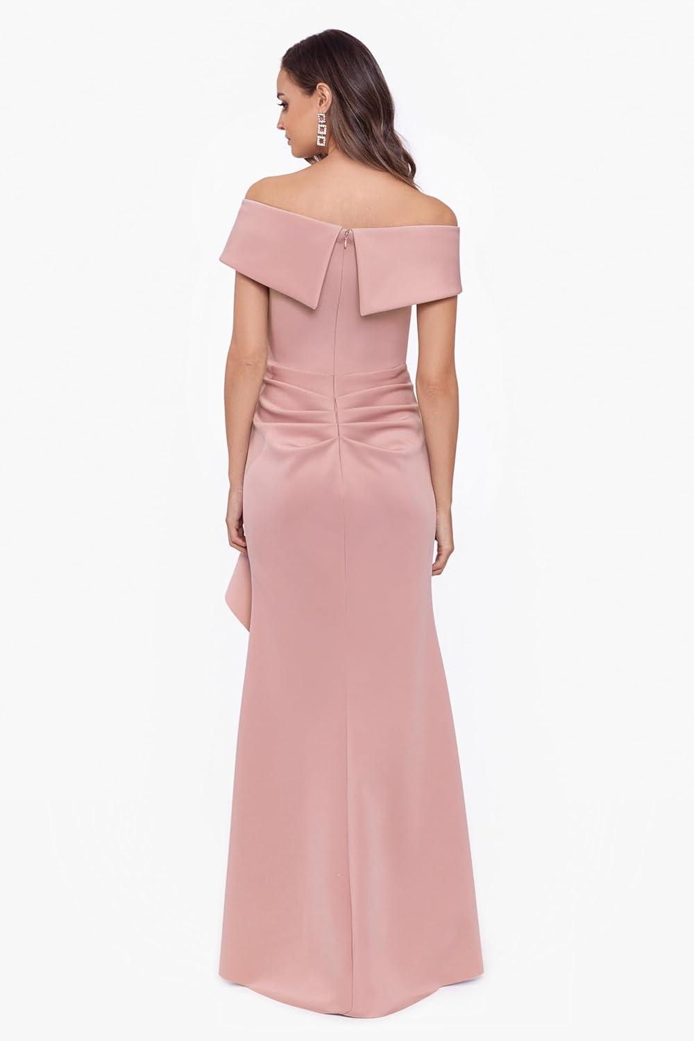 imageXscape Womens Long Off Shoulder Sweetheart Neck Side Ruffle Gown Reg and PetiteBlush