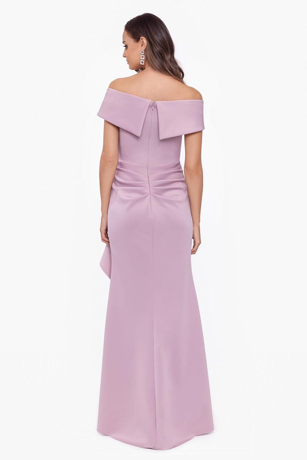 imageXscape Womens Long Off Shoulder Sweetheart Neck Side Ruffle Gown Reg and PetiteBlush Pink