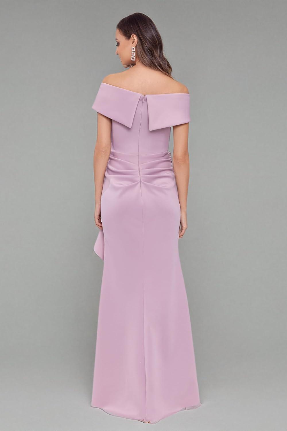 imageXscape Womens Long Off Shoulder Sweetheart Neck Side Ruffle Gown Reg and PetiteBlush Pink