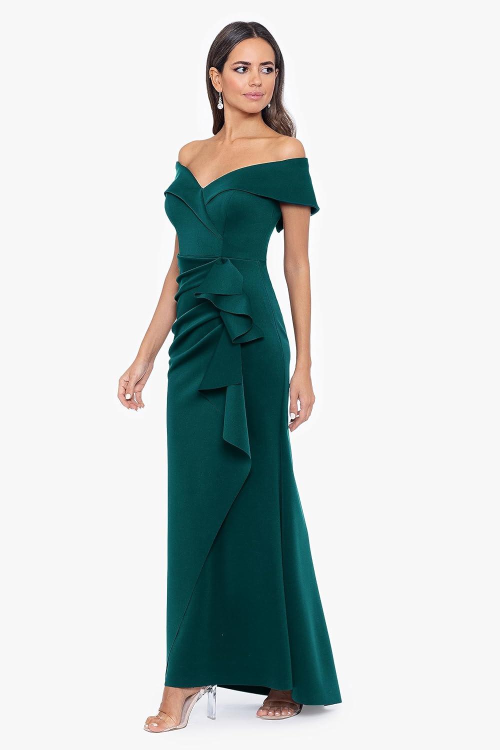 imageXscape Womens Long Off Shoulder Sweetheart Neck Side Ruffle Gown Reg and PetiteHunter