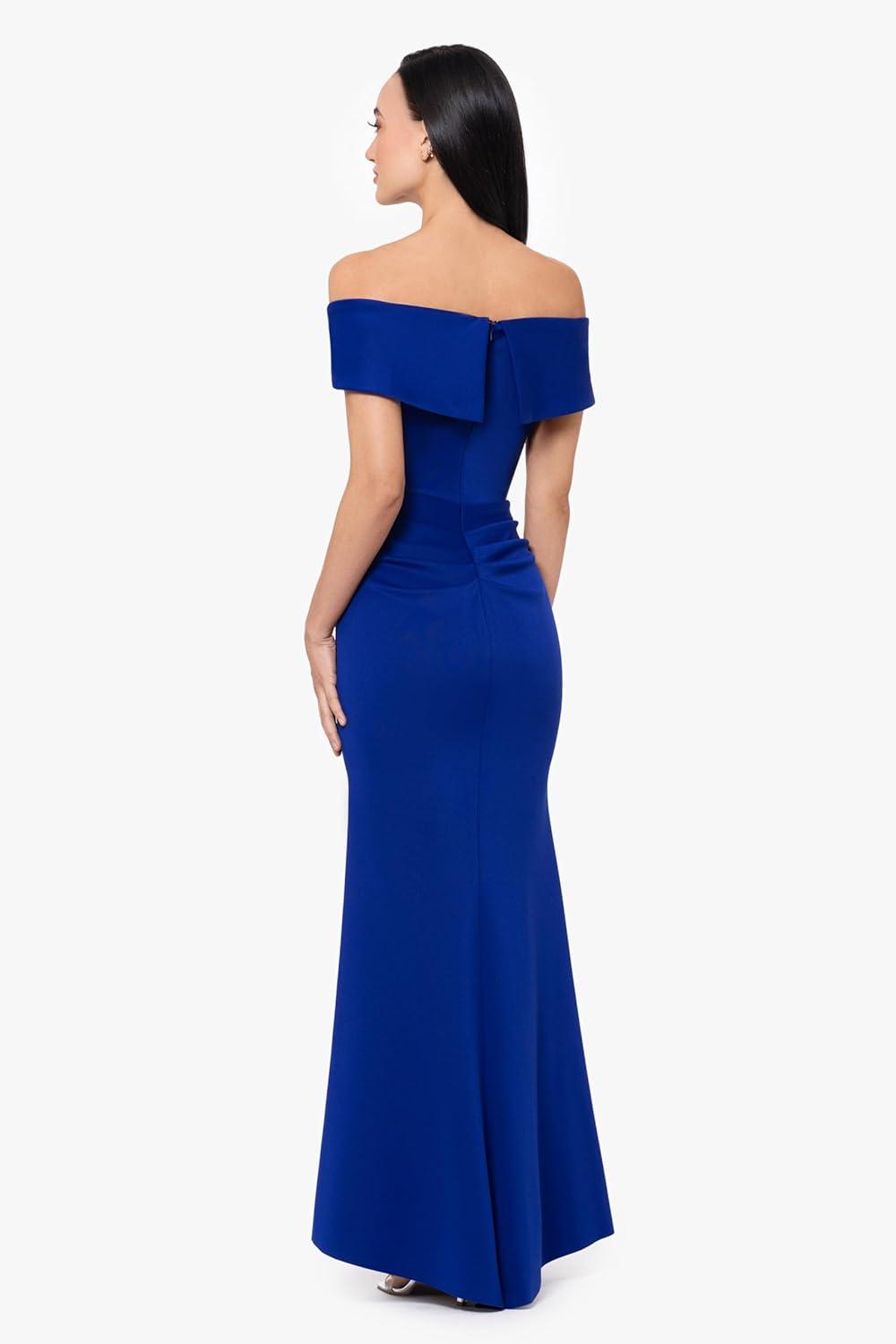 imageXscape Womens Long Off Shoulder Sweetheart Neck Side Ruffle Gown Reg and PetiteMarine