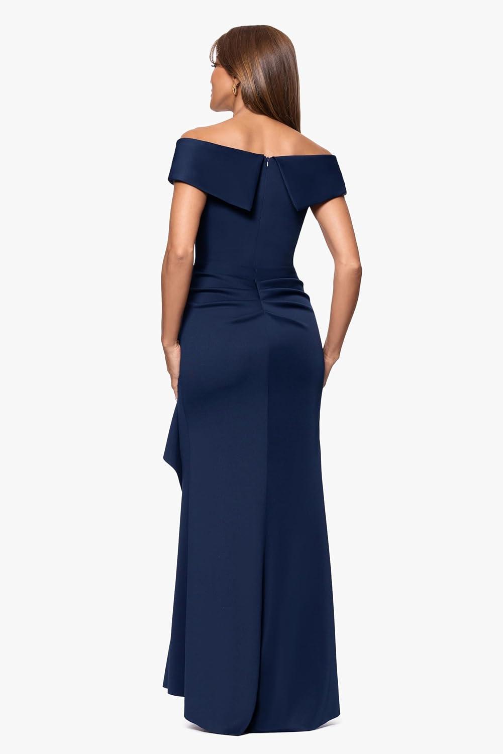imageXscape Womens Long Off Shoulder Sweetheart Neck Side Ruffle Gown Reg and PetiteMidnight