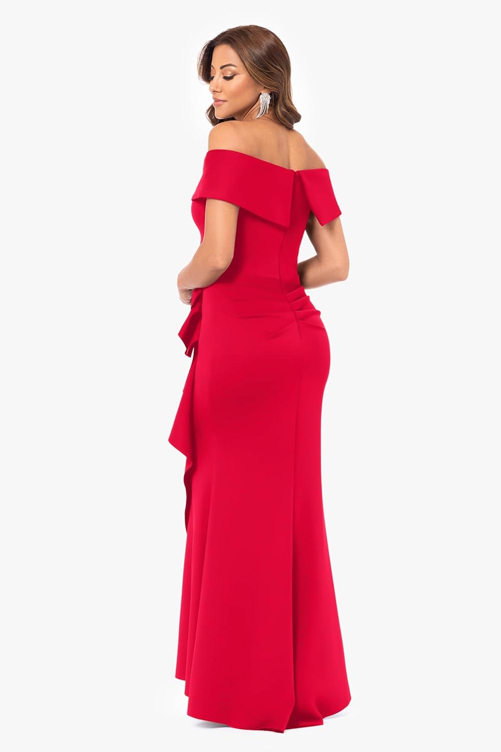 imageXscape Womens Long Off Shoulder Sweetheart Neck Side Ruffle Gown Reg and PetiteRed
