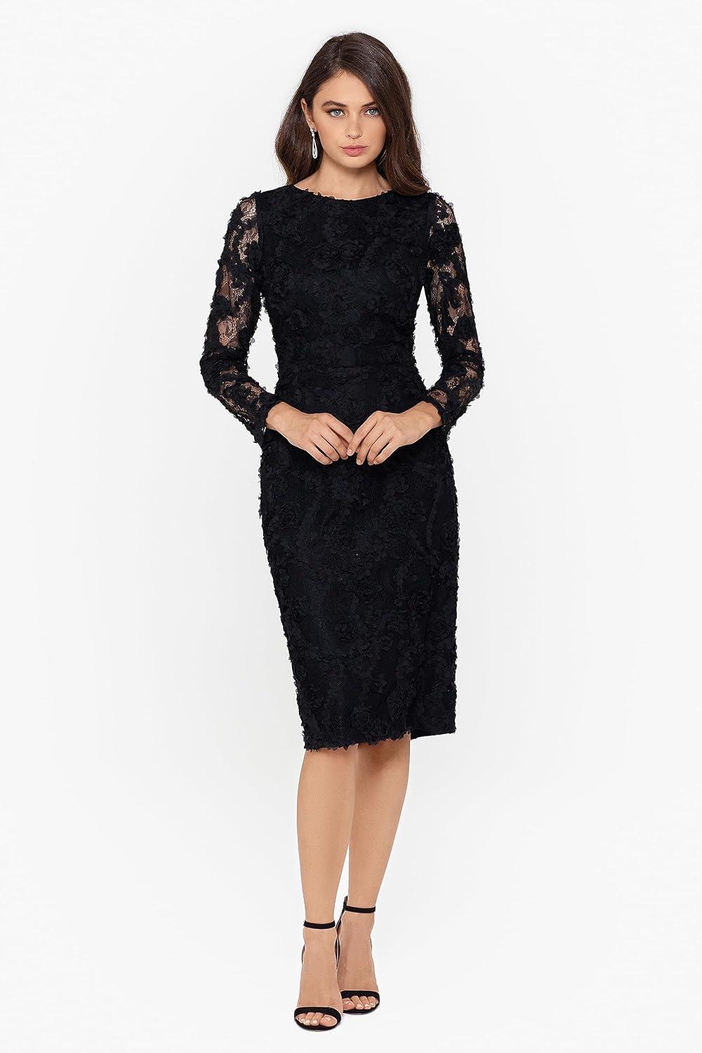 imageXscape Womens Long Sleeve Raised Floral Lace Midi Length DressBlack