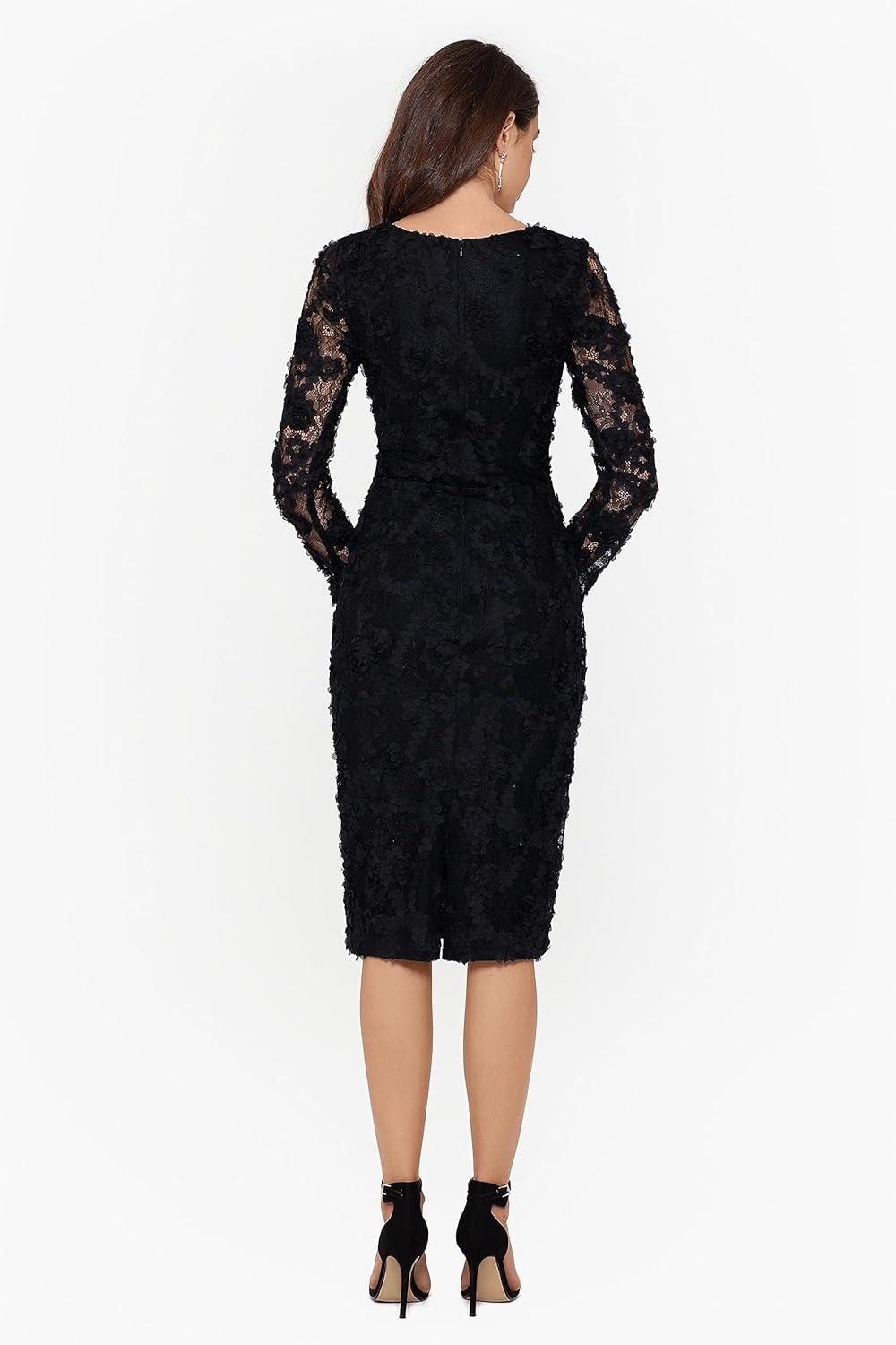 imageXscape Womens Long Sleeve Raised Floral Lace Midi Length DressBlack