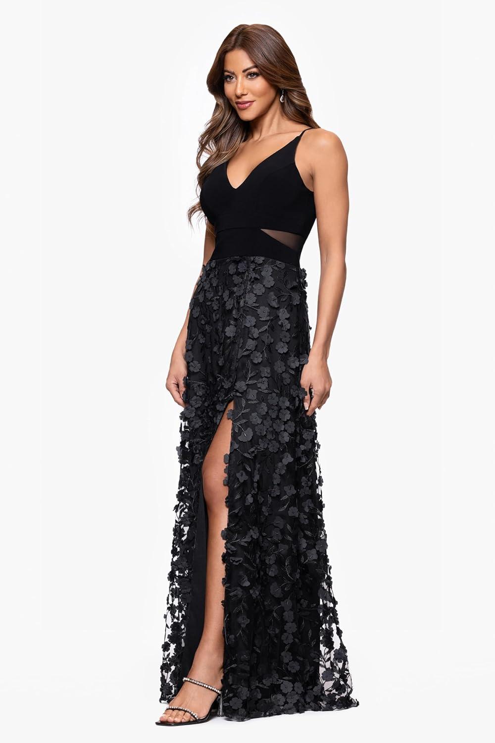 imageXscape Womens Long Sleeve Raised Floral Lace Midi Length DressBlackBlack