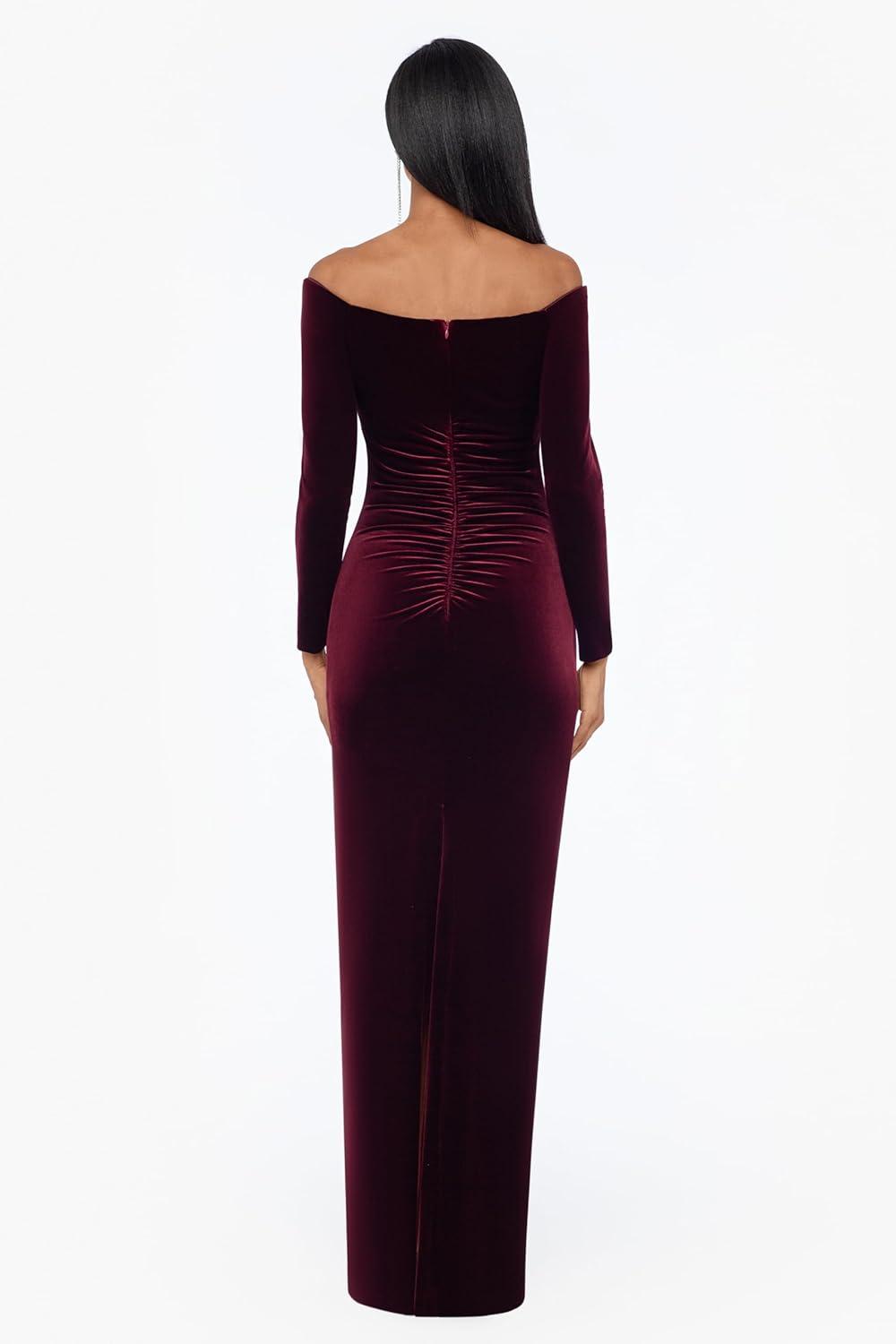 imageXscape Womens OffTheShoulder Velvet Long Sleeve Maxi Dress with Vbar Neckline and Center Back ZipperBurgundy