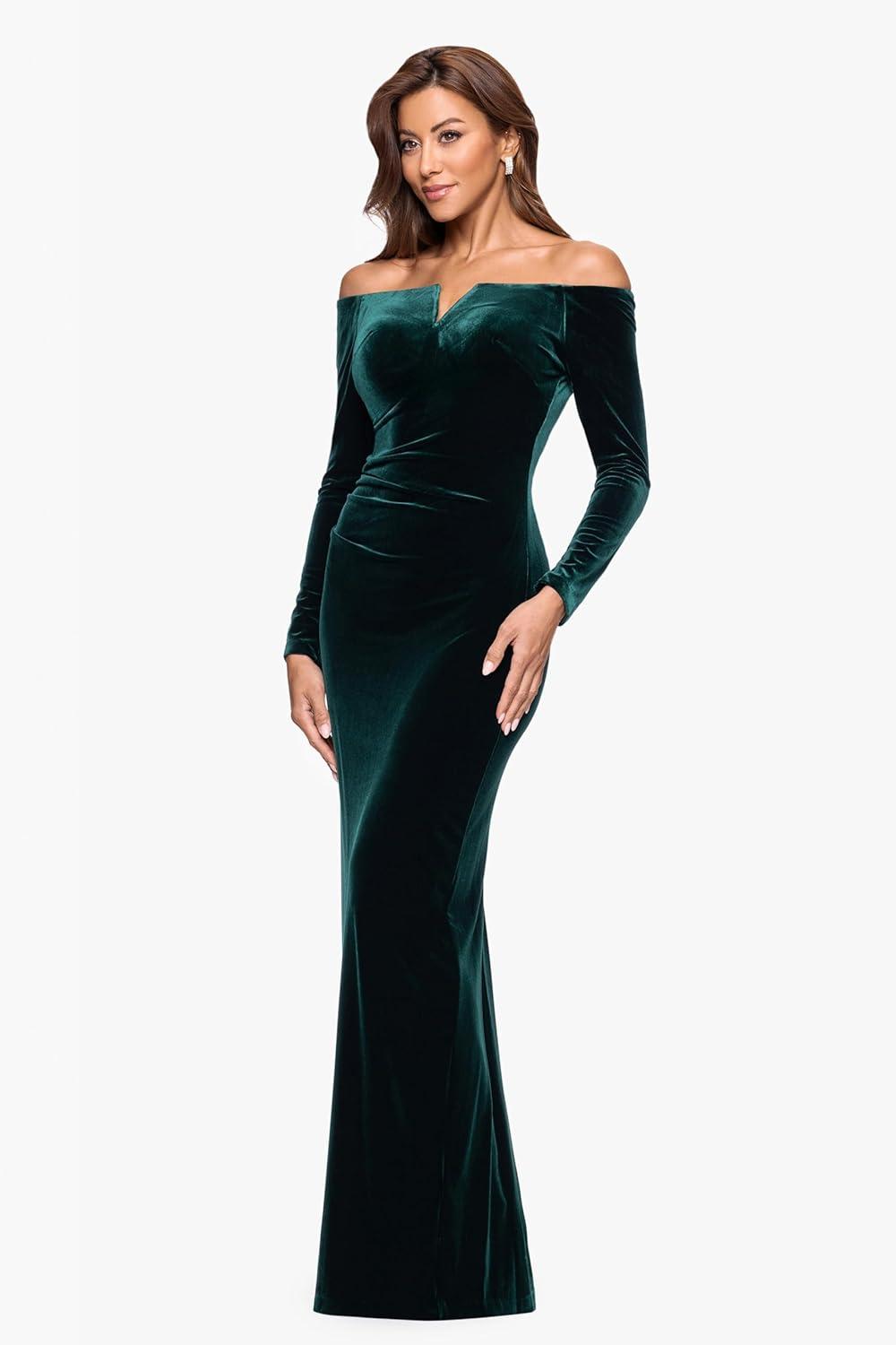 imageXscape Womens OffTheShoulder Velvet Long Sleeve Maxi Dress with Vbar Neckline and Center Back ZipperHunter