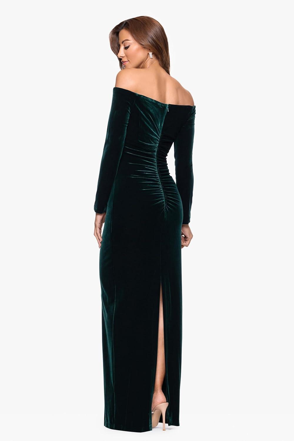 imageXscape Womens OffTheShoulder Velvet Long Sleeve Maxi Dress with Vbar Neckline and Center Back ZipperHunter