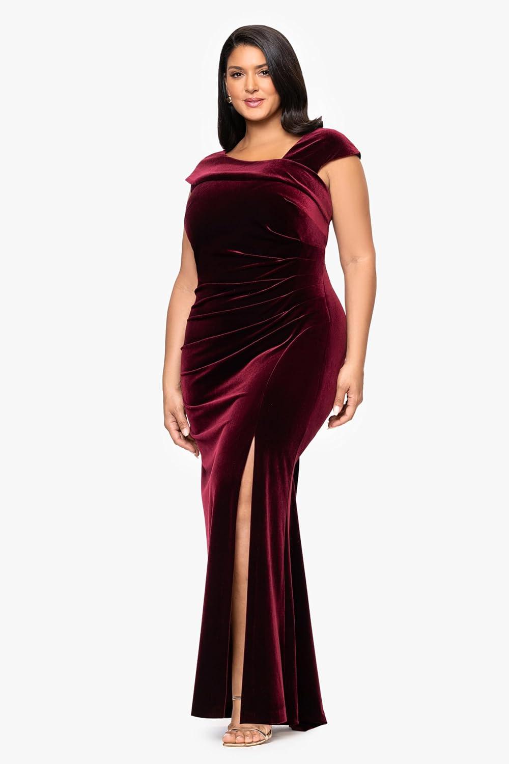 imageXscape Womens Plus Size Velvet Asymmetrical Neckline Cap Sleeve Floor Length DressBurgundy