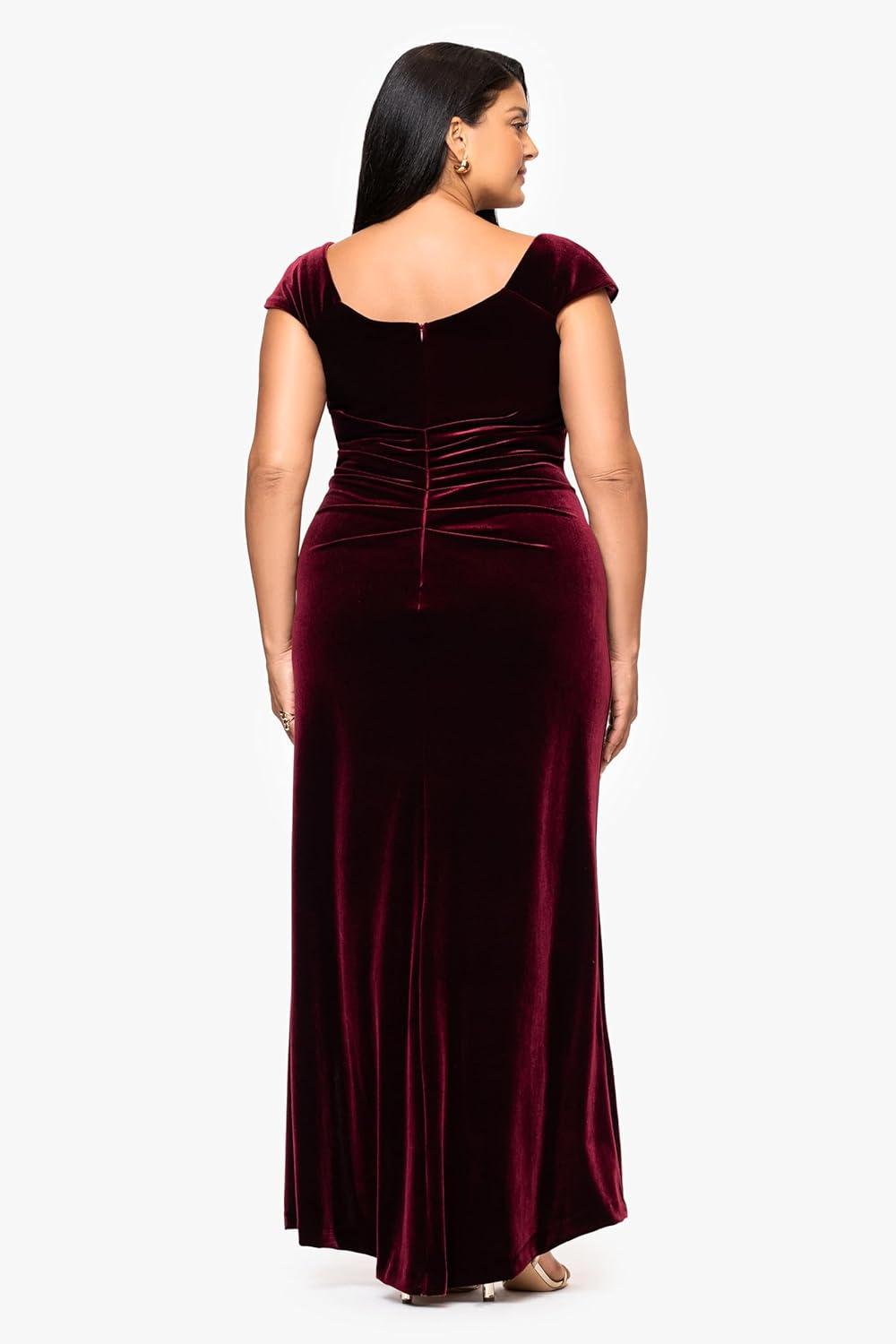 imageXscape Womens Plus Size Velvet Asymmetrical Neckline Cap Sleeve Floor Length DressBurgundy