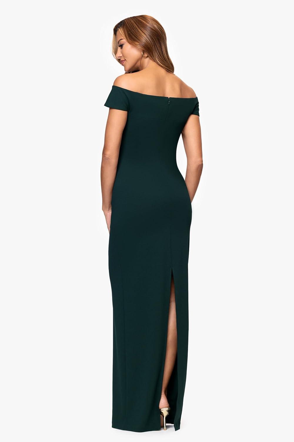 imageXscape Womens Scuba Crepe Short Sleeve Off The Shoulder Ruched Floor Length DressPine