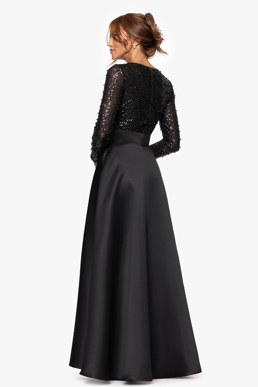imageXscape Womens Sequin Bodice Long Sleeve Satin Skirt and Bow Aline Floor Length DressBlack
