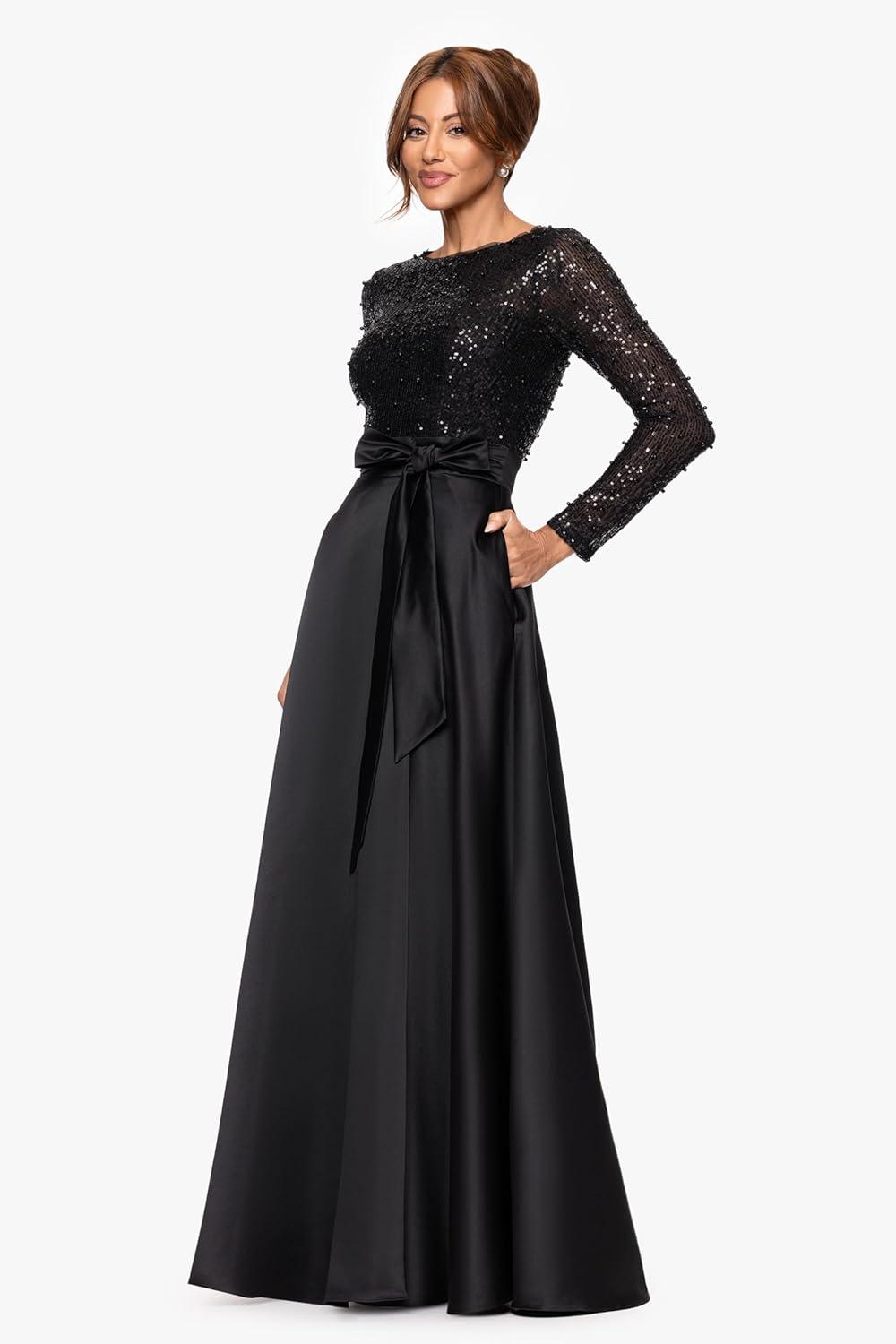 imageXscape Womens Sequin Bodice Long Sleeve Satin Skirt and Bow Aline Floor Length DressBlack