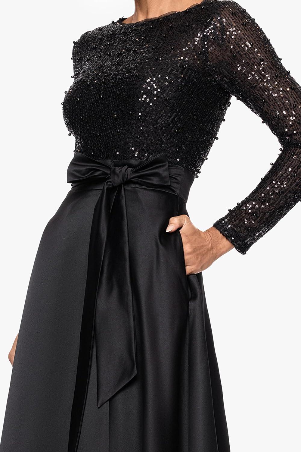imageXscape Womens Sequin Bodice Long Sleeve Satin Skirt and Bow Aline Floor Length DressBlack