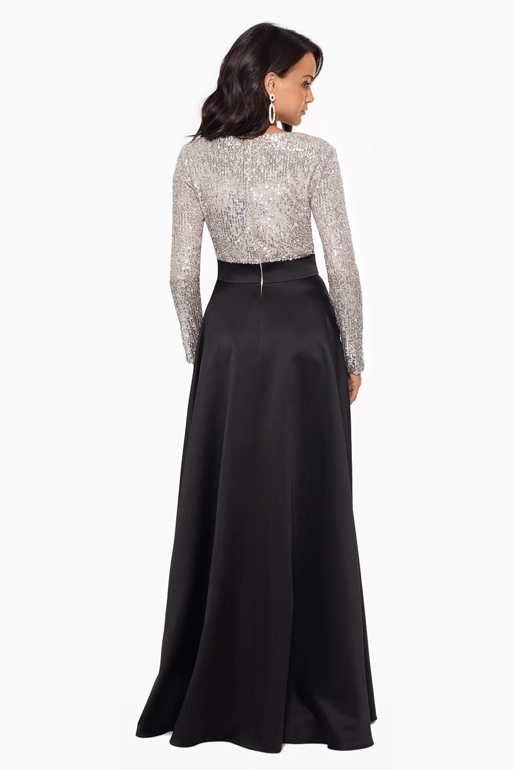 imageXscape Womens Sequin Long Sleeve Bodice and Satin Skirt VNeck Floor Length DressBlackNudeSilver
