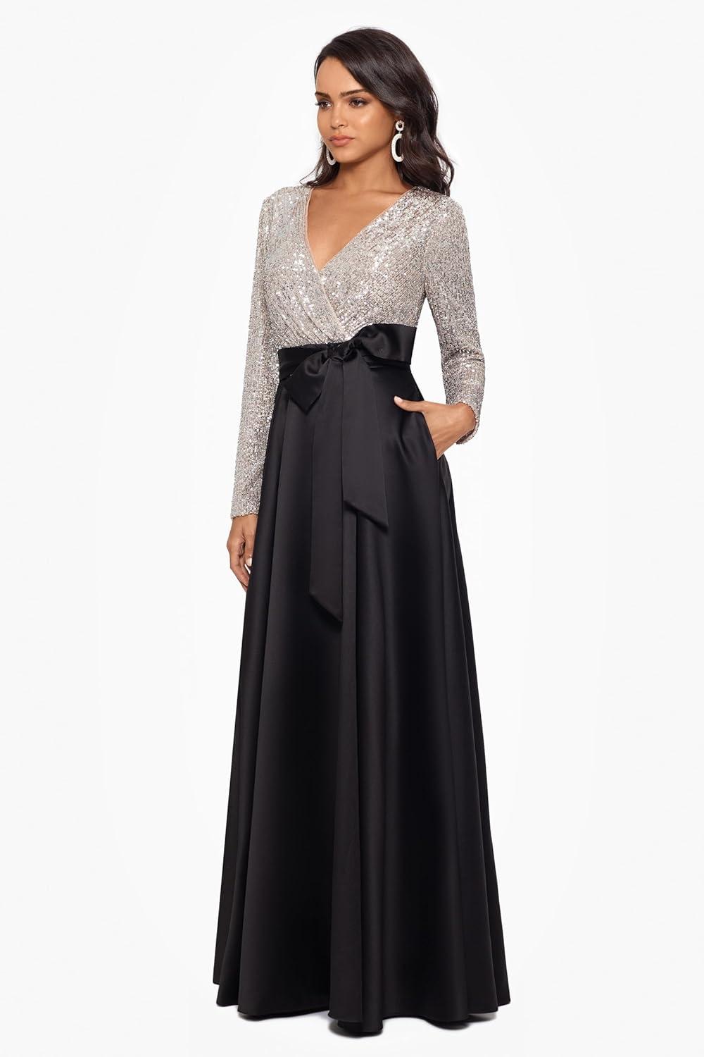 imageXscape Womens Sequin Long Sleeve Bodice and Satin Skirt VNeck Floor Length DressBlackNudeSilver