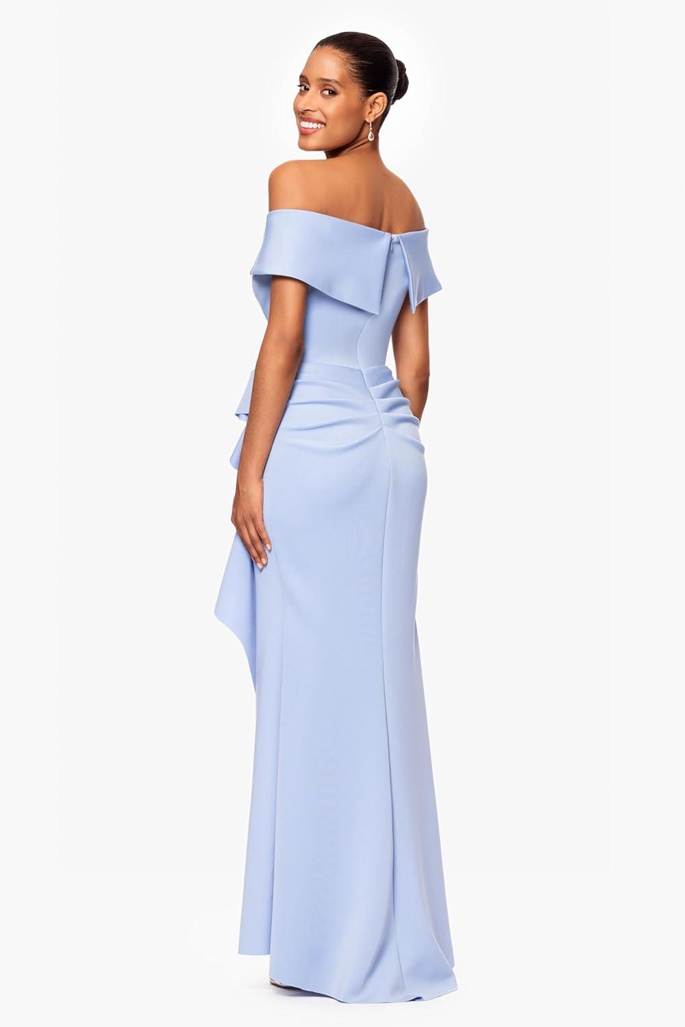 imageXscape Womens Short Sleeve Beaded Illusion Neckline Ruched GownPeri