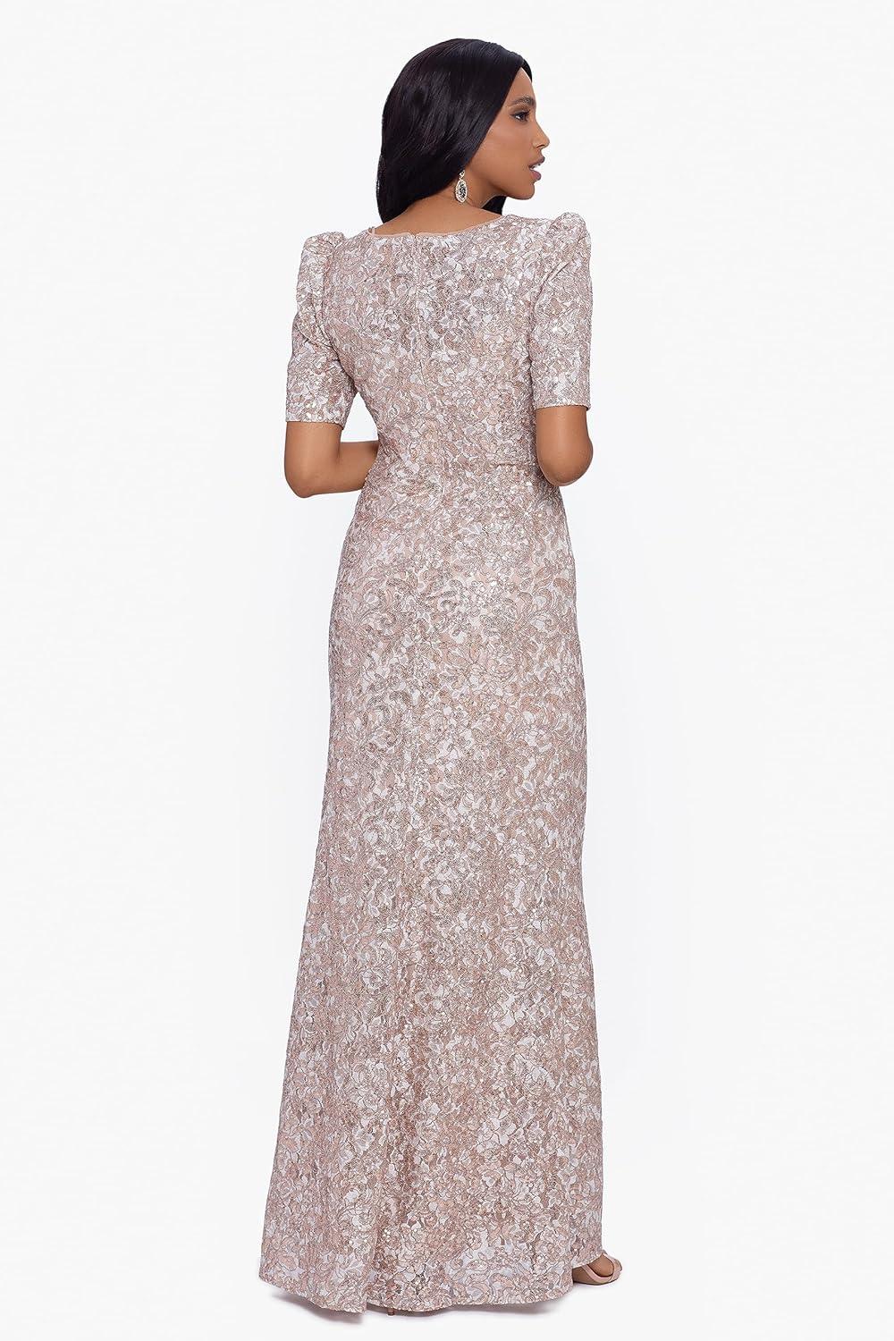 imageXscape Womens Short Sleeve Beaded Illusion Neckline Ruched GownSand