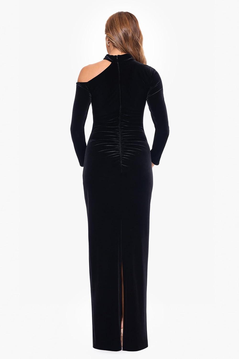 imageXscape Womens Velvet Cold High Neck Shoulder Long Sleeve Ruched Floor Length DressBlack