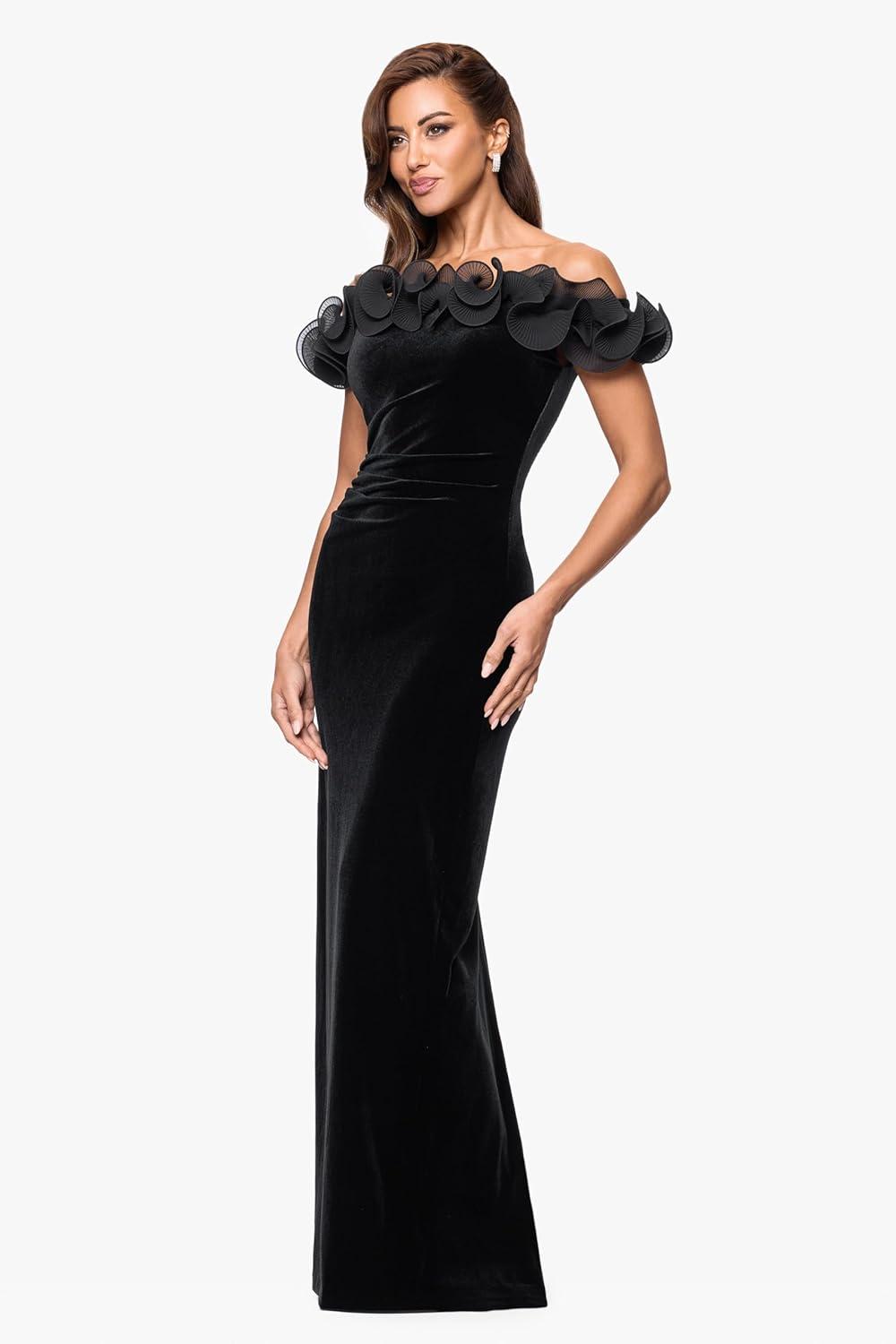 imageXscape Womens Velvet Off The Shoulder Organza Ruffle Floor Length DressBlack