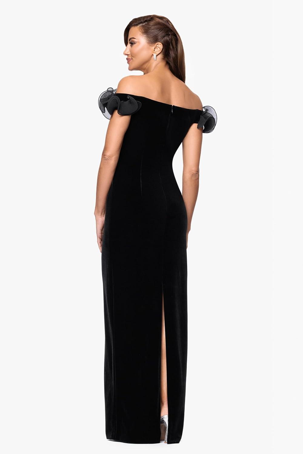 imageXscape Womens Velvet Off The Shoulder Organza Ruffle Floor Length DressBlack