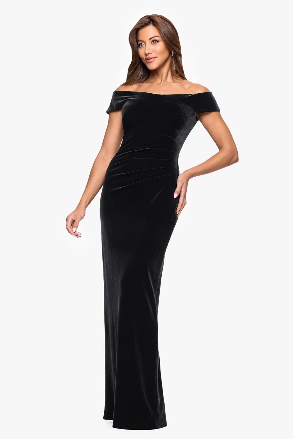 imageXscape Womens Velvet Off The Shoulder Ruched Back Slit Floor Length DressBlack