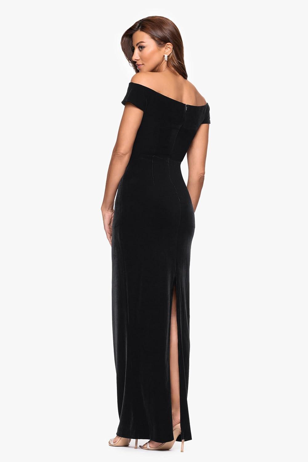 imageXscape Womens Velvet Off The Shoulder Ruched Back Slit Floor Length DressBlack