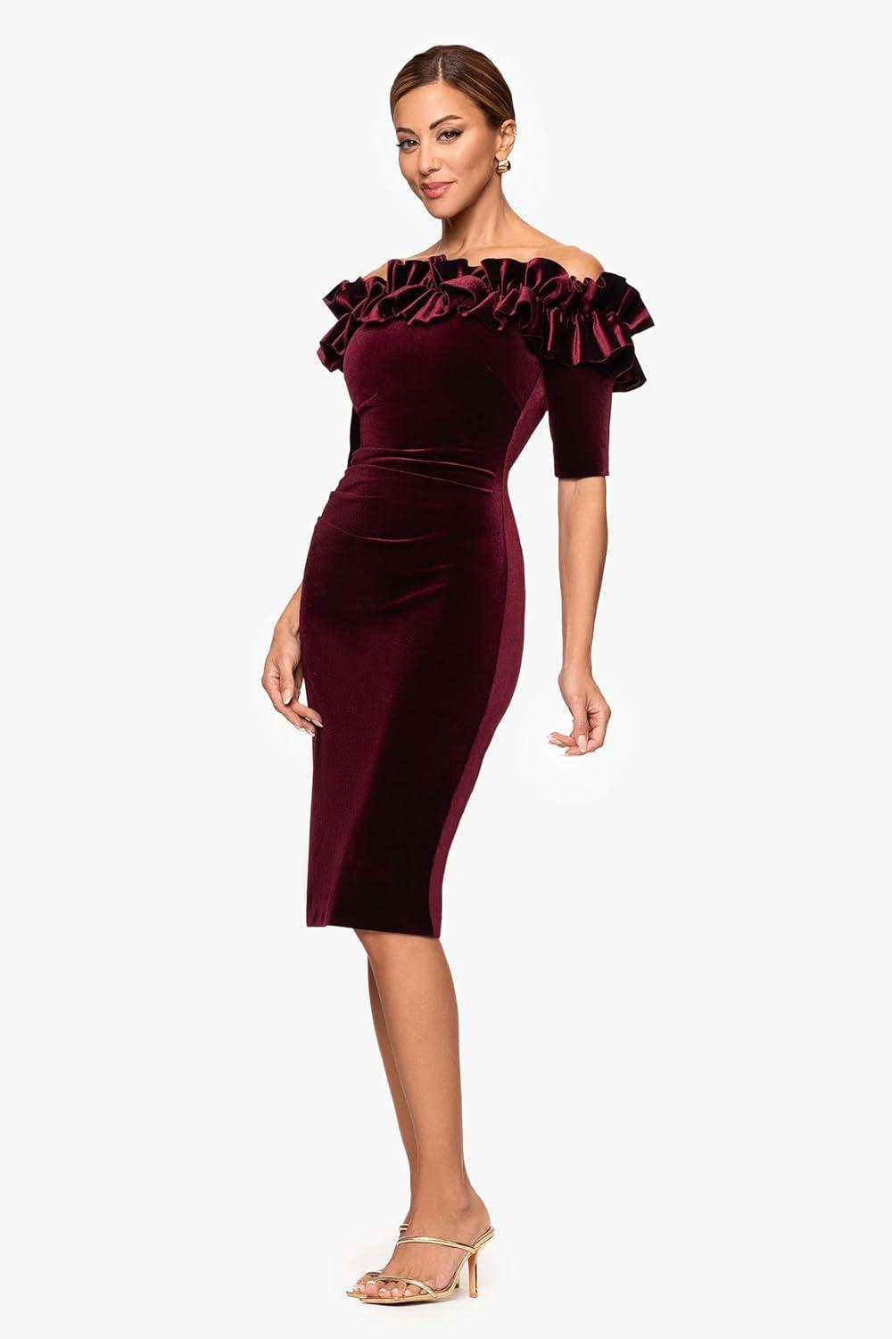 imageXscape Womens Velvet Off The Shoulder Ruffle Neckline Knee Length DressBurgundy