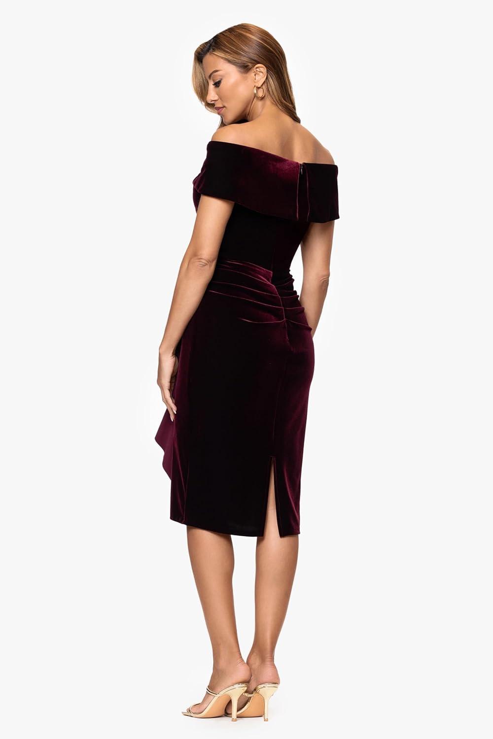 imageXscape Womens Velvet Off The Shoulder Side Ruffle Ruched Knee Length DressBurgundy