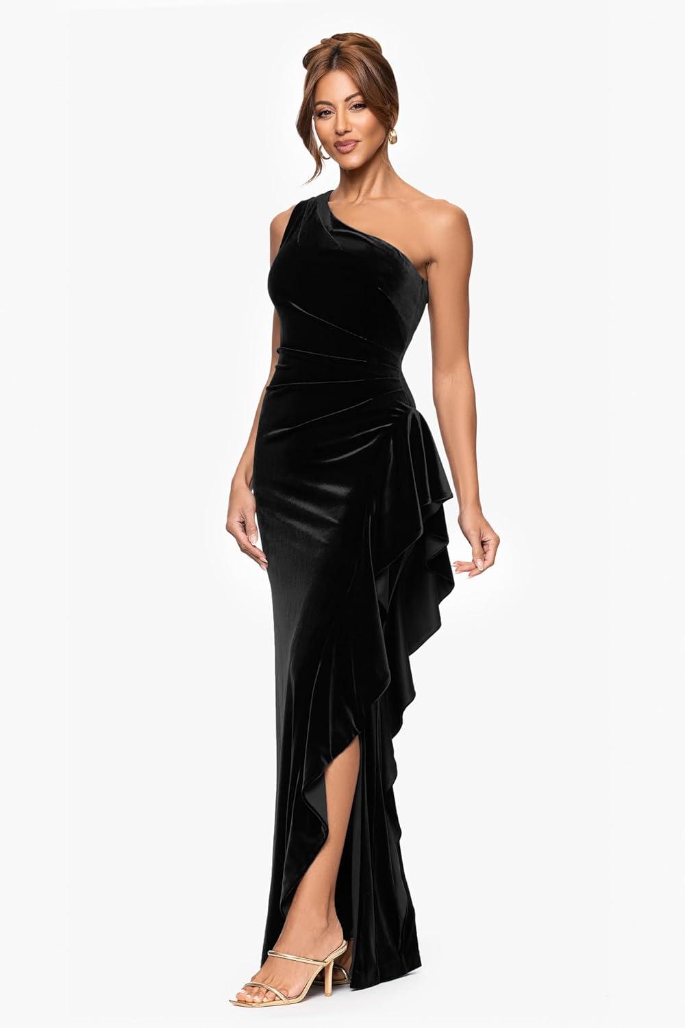imageXscape Womens Velvet Sleeveless One Shoulder Cascading Ruffle Floor Length DressBlack