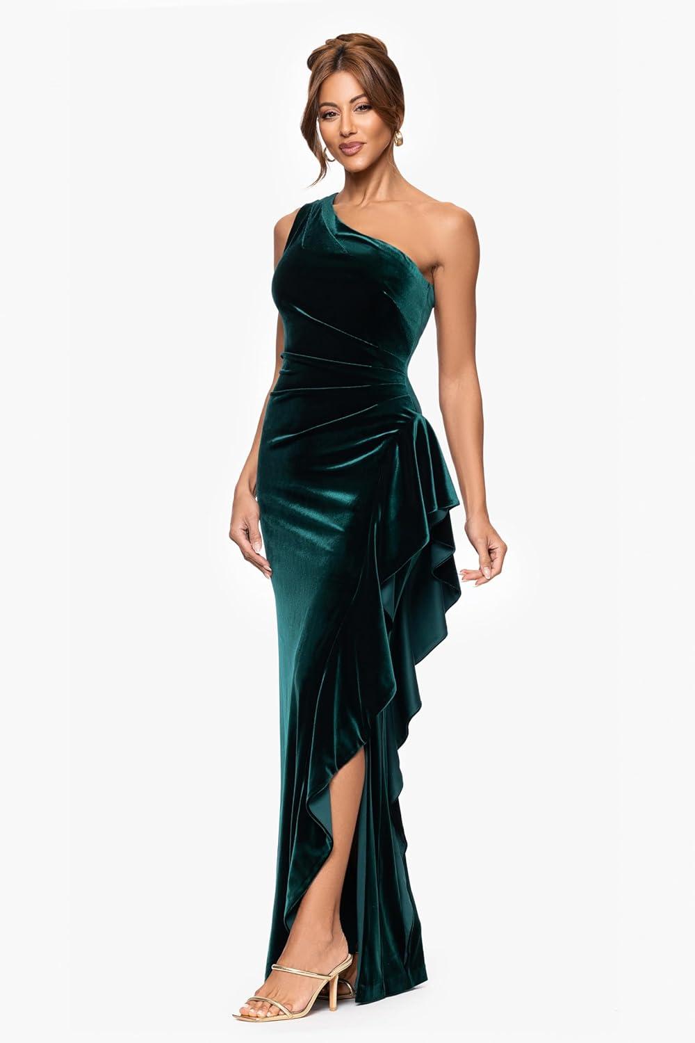 imageXscape Womens Velvet Sleeveless One Shoulder Cascading Ruffle Floor Length DressHunter