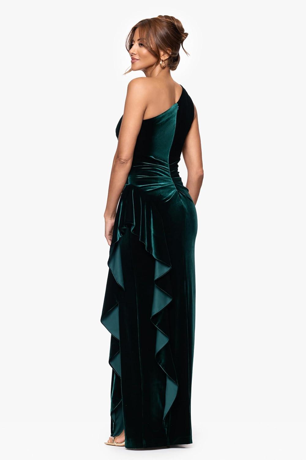 imageXscape Womens Velvet Sleeveless One Shoulder Cascading Ruffle Floor Length DressHunter