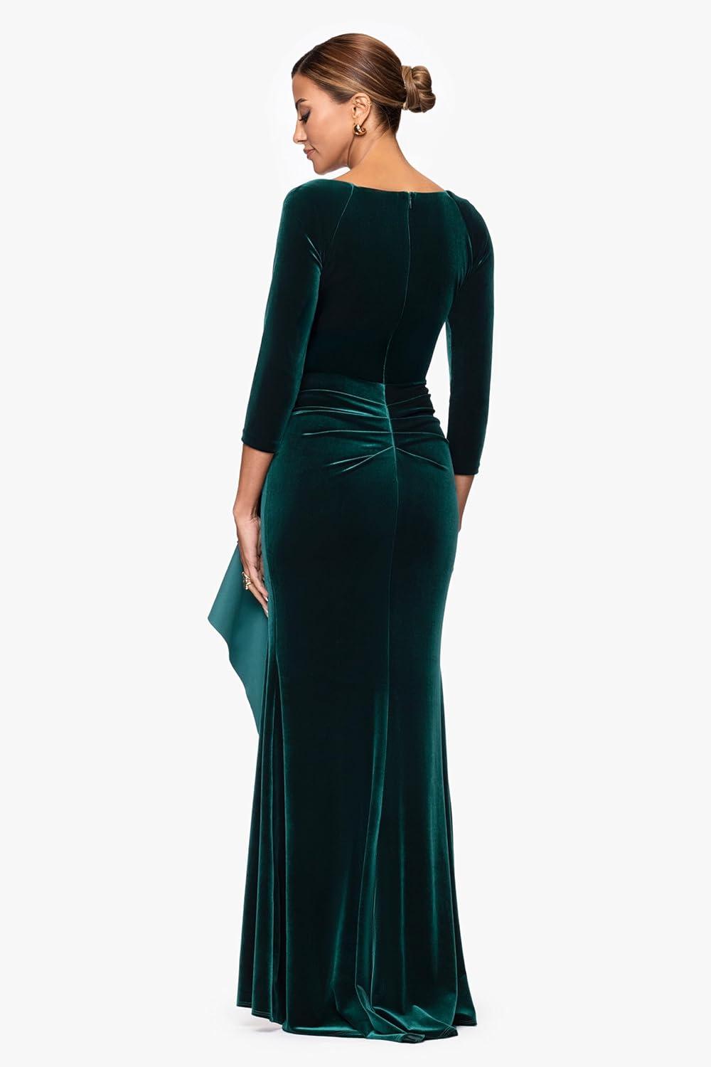 imageXscape Womens Velvet VNeck Long Sleeve Side Cascade Ruffle Floor Length DressHunter