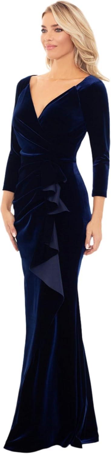 imageXscape Womens Velvet VNeck Long Sleeve Side Cascade Ruffle Floor Length DressNavy