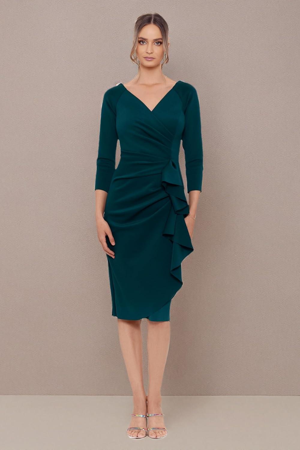 imageXscape Womens Womens Short Scuba Crepe Dress with Long Sleeves and Ruffle DetailHunter