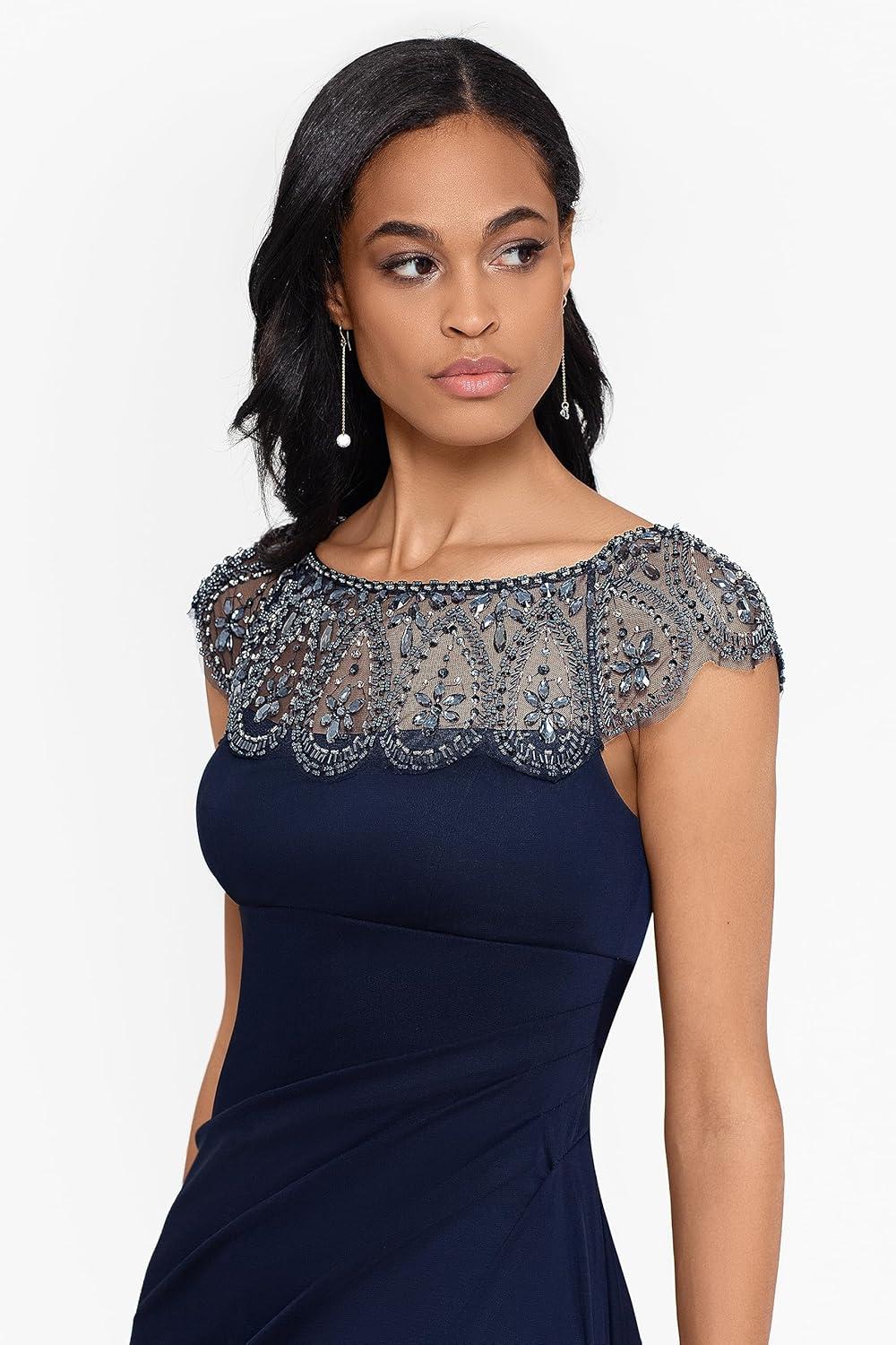 imageXscape Womens Xscape Womens Sheer Matte Jersey Embellished Scoop Neck and Sleeve Ruffle Floor Length DressNavy