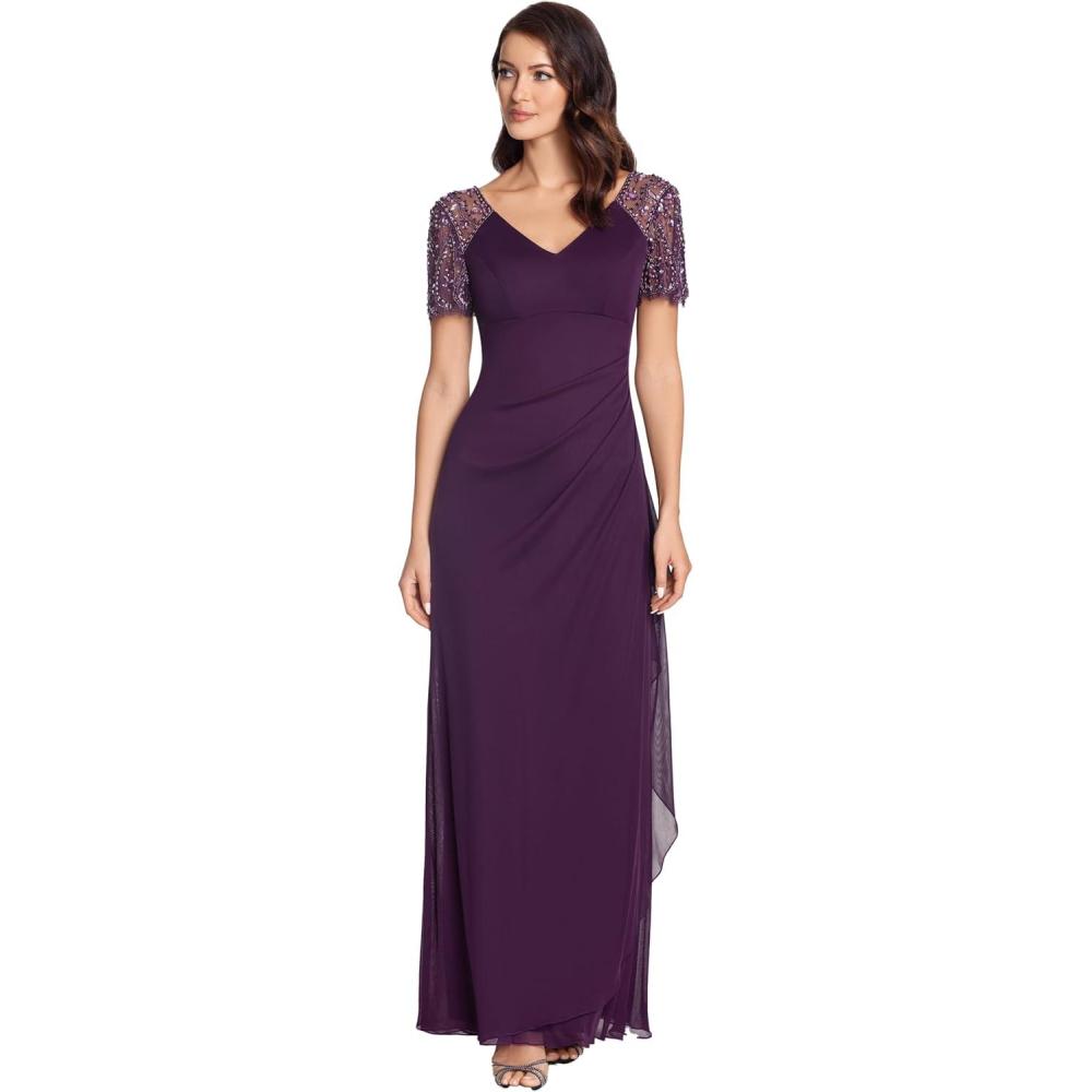 imageXscape Female Long Sheer Matte Jersey Beaded Flutter SleevePlum